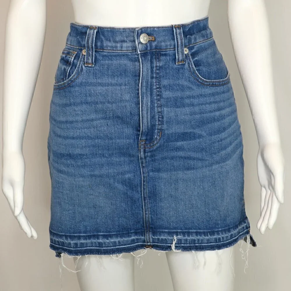 Madewell Step-Hem Jean Denim Skirt Brandt Wash Distressed Frayed Hem